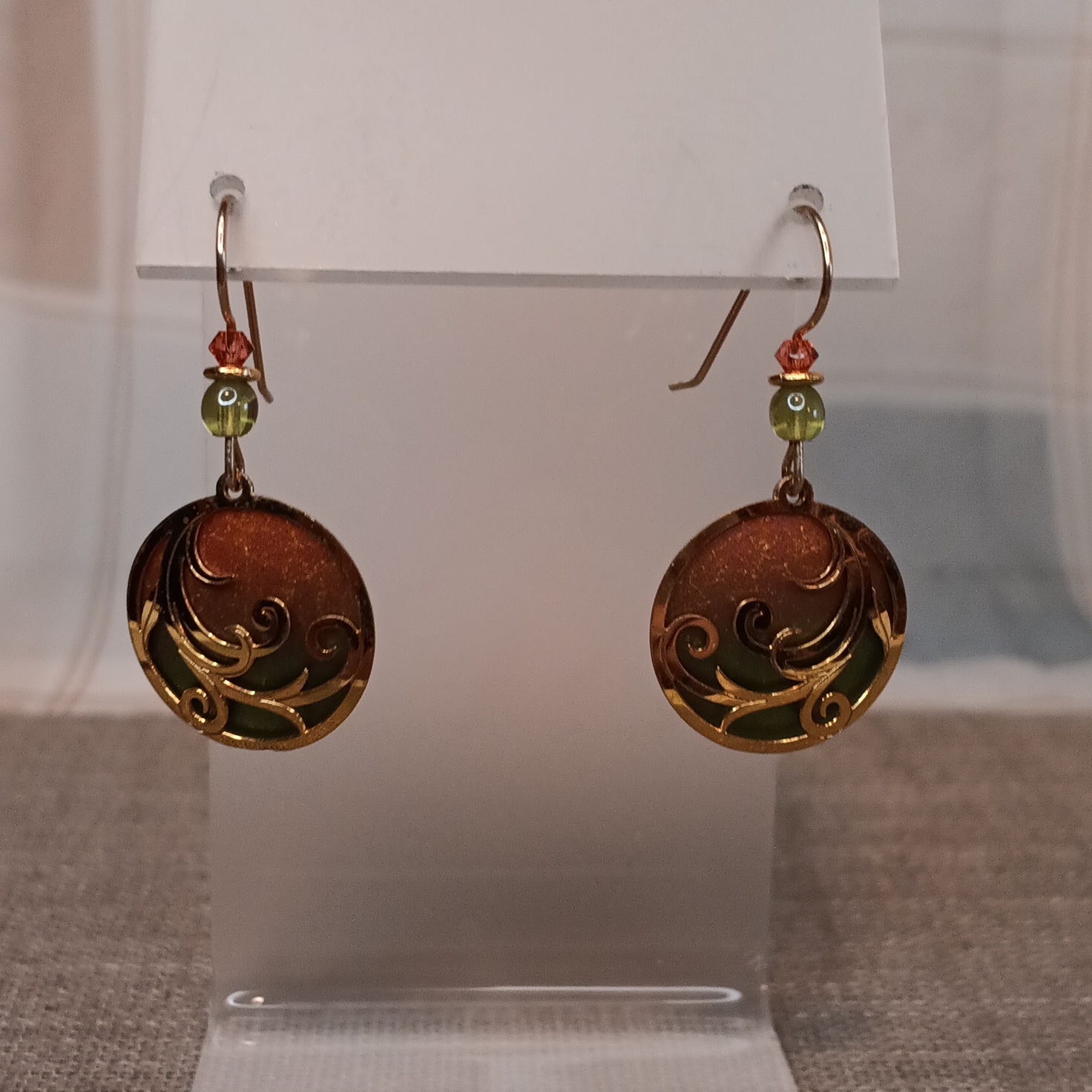 Pink Green Enamel Gold Filigree Dangle Pierced Earrings 12$